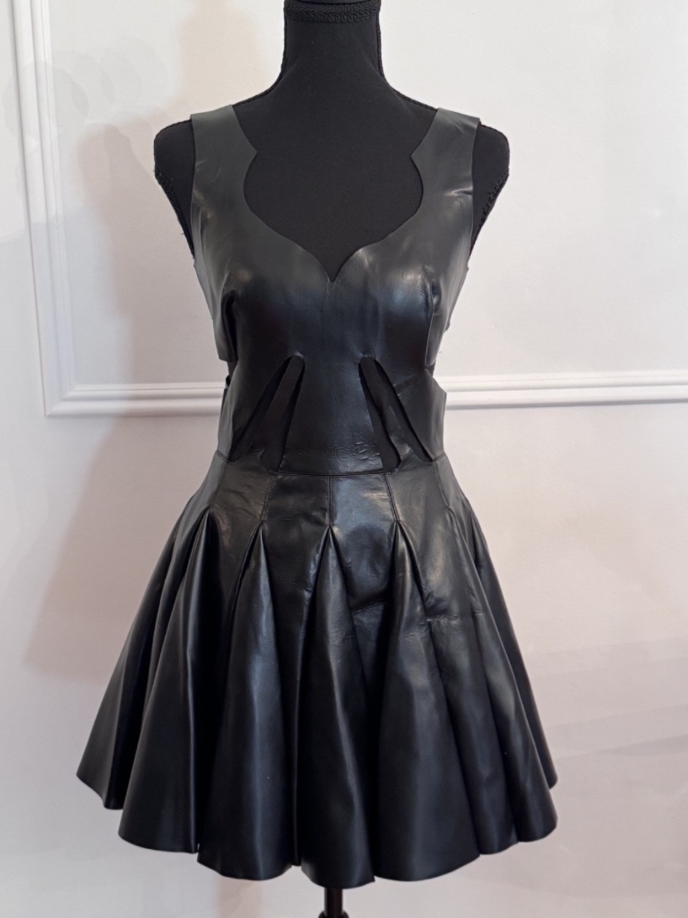 Francesco Scognamiglio Black Faux Leather Fit Flare Mini Dress Size 38 Italy